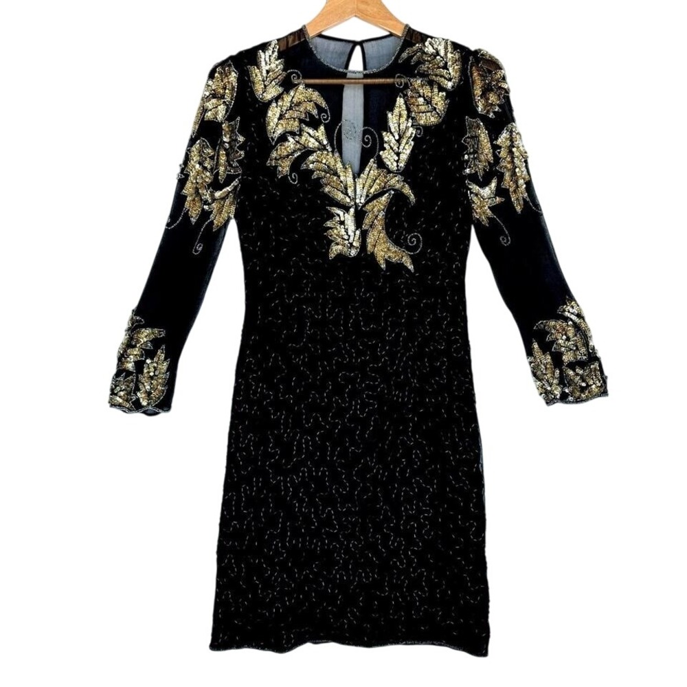 Vintage 1980s Black Silk Sequin Mesh Party Dress Size Medium Glam‎ Cocktail Mini